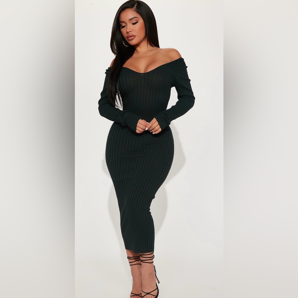 Fashion Nova Dark Green Ribbed Dress